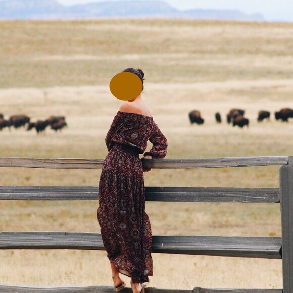 Abercrombie & Fitch Maroon Boho Paisley Western Off Shoulder Maxi Dress XS Y2K - Picture 4 of 13